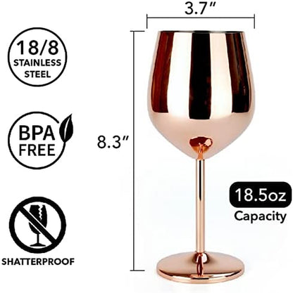 Copper / Rose Gold Stem Stainless Steel Wine Glass Set 4 - 18.5 Oz