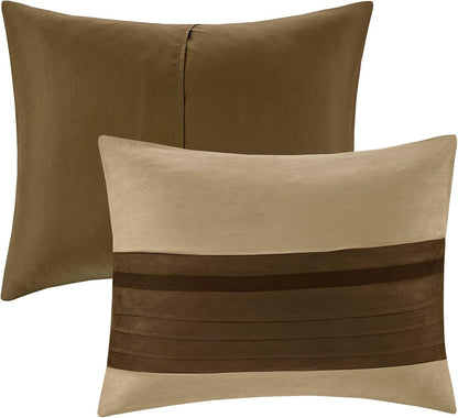 - Palmer 7 Piece Comforter Set - Natural - Queen - Pieced Microsuede - Includes 1 Comforter, 3 Decorative Pillows, 1 Bed Skirt, 2 Shams