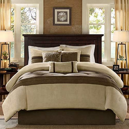 - Palmer 7 Piece Comforter Set - Natural - Queen - Pieced Microsuede - Includes 1 Comforter, 3 Decorative Pillows, 1 Bed Skirt, 2 Shams